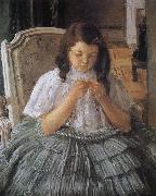 Mary Cassatt The girl is sewing in green dress Sweden oil painting artist